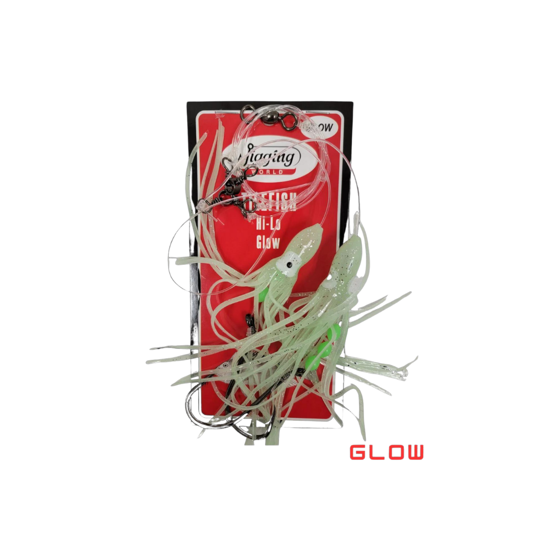 Deepwater Jigging Fish Rig with Glow Squid Skirt - Heavy-Duty Tilefish Hi-Lo Rig