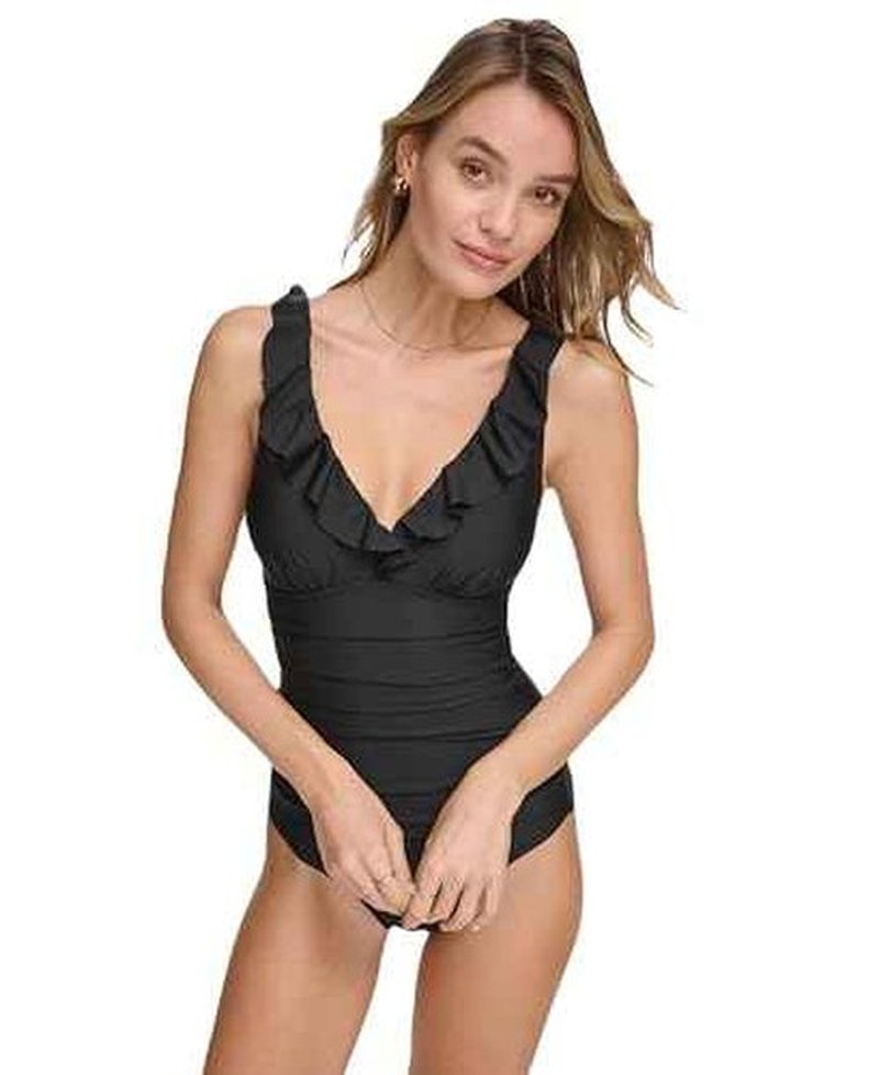 DKNY Women's Ruffle V-Neck One Piece Swimsuit with Tummy Control, Black, X-Small