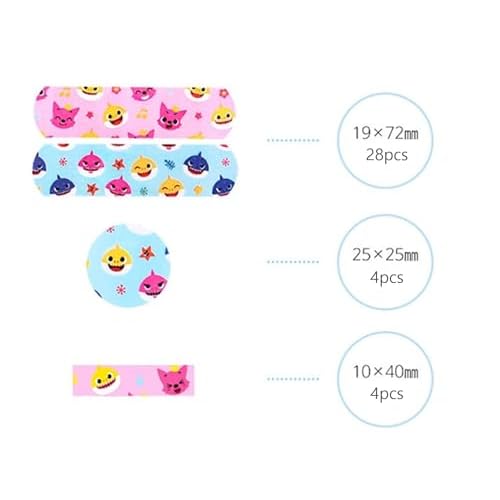 Baby Shark Family Kid Friendly First Aids 32pcs Character Pattern Bandages 3 Mixed Type : 2 Packs (16pcs x 2)