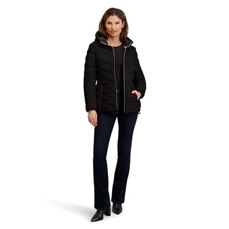 Nautica womens Packable Stretch Puffer Jacket ? Midweight Water-resistant Coat Adjustable Hem