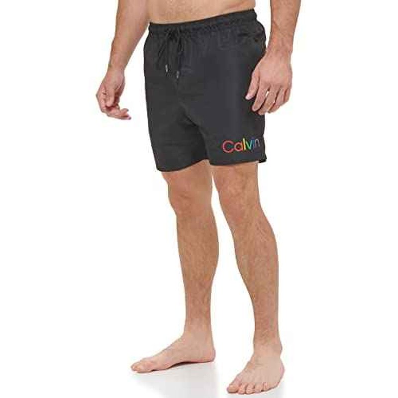 Calvin Klein Men's Standard UV Protected Quick Dry Drawstring Solid Swim Trunk, Black Pride, Large