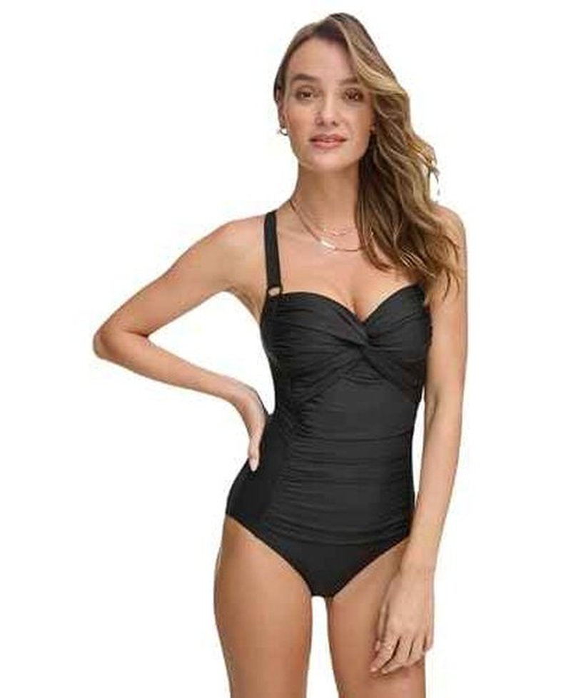 DKNY Women's Sweatheart Neckline One Piece Swimsuit with Tummy Control, Black, Small