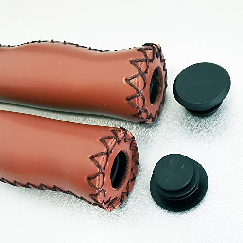 Brown Beach Cruiser Bike Bicycle Soft Synthetic Leather Handlebar Cover Grips Bar with End Cap and Needle