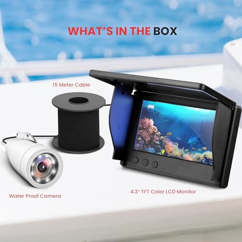Pyle 4.3" LCD Portable Underwater Fishing Camera ? 1000TVL Waterproof Fish Finder with 12 Infrared LED Lights, IP68 Rated for Ice, Lake & Ocean Fishing, Carry Case Included (Black)