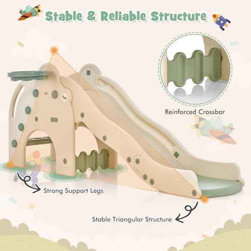 BABY JOY Toddler Slide, Elephant Shape Large Slide for Kids with Basketball Hoop, Buffer Zone & Non-Slip Steps, Freestanding Kids Slide Set for Indoors Boys Girls Over 18 Months Old Gifts Present