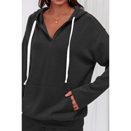 PRETTYGARDEN Womens 2 Piece Outfits Fall Sweatsuits Oversized V Neck Hoodie Wide Leg Sweatpants Travel Tracksuit Lounge Sets