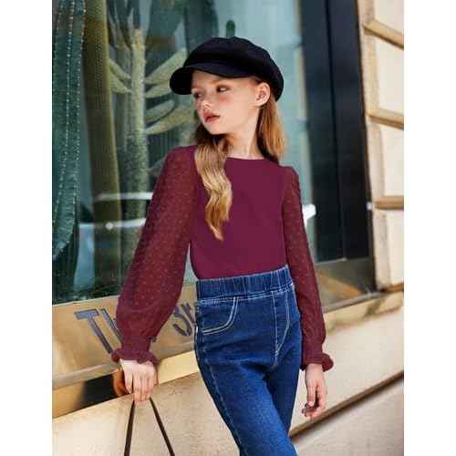 Arshiner Girls Long Sleeve Shirt with Ruffle Cuffs Polka Swiss Dots Kids Girls Pullover Shirts Cute Crewneck Girls Top
