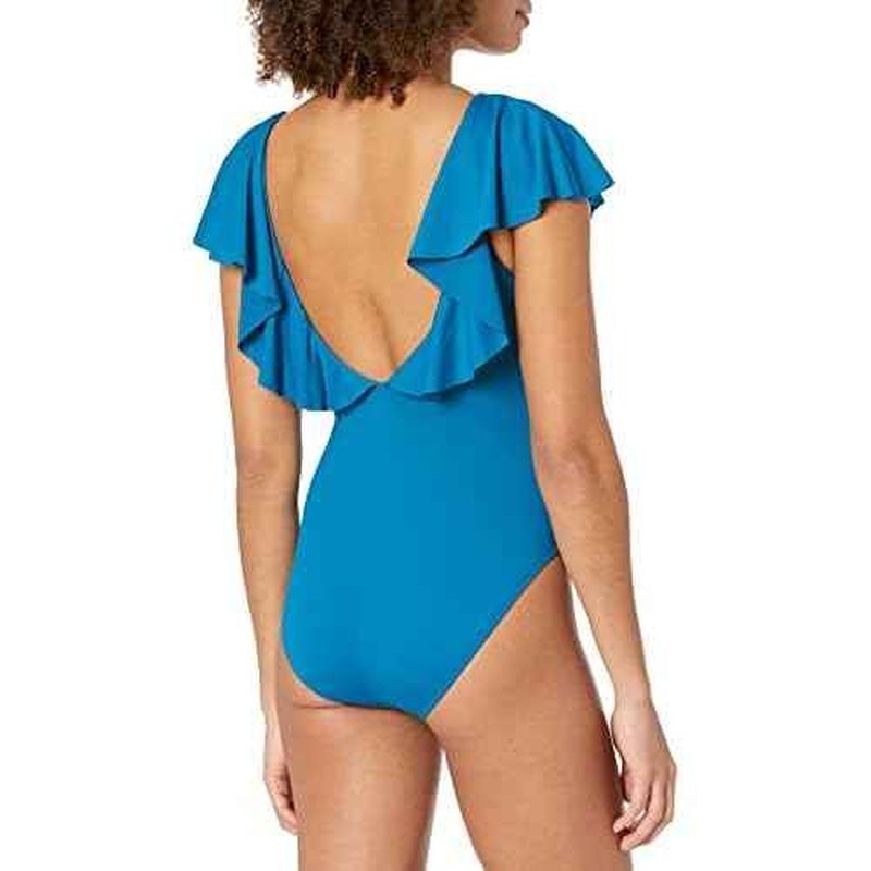 La Blanca Women's Standard Island Goddess Strappy V-Front Ruffle Shoulder One Piece Swimsuit