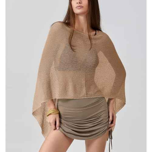 Women Sheer Knit Poncho Y2k See Through Shrug Crochet Mesh Cover Up Lightweight Asymmetrical Beach Shawl Cape Top