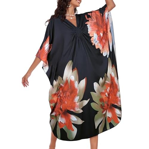 Kaftan Dresses for Women V Neck Caftans Long Batwing Sleeve Beach Cover Ups Summer Floral Print Dress