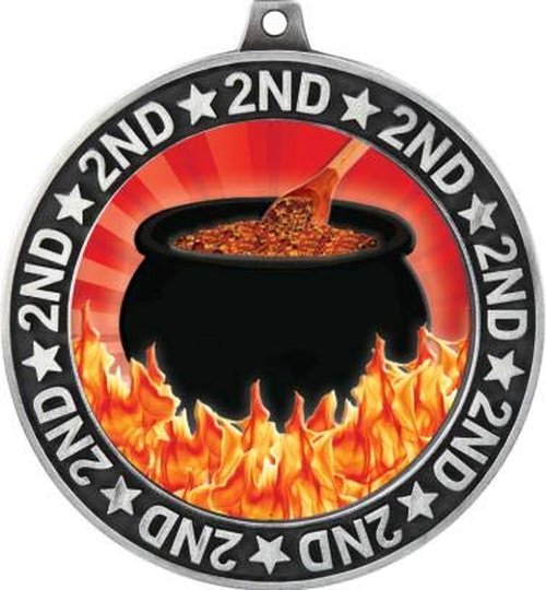 Chili Cook Off Second Place Medals, 2 3/4" Silver Flaming Hot Chili Pot Trophy Medal Award 5 Pack Prime