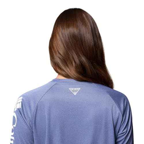 Columbia Womens PFG Tidal Tee II Long Sleeve Sun Protection Shirt, Bluebell Heather/White Logo, XX-Large