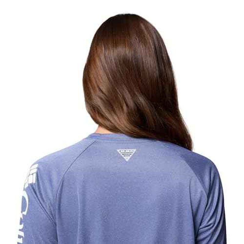 Columbia Womens PFG Tidal Tee II Long Sleeve Sun Protection Shirt, Bluebell Heather/White Logo, XX-Large