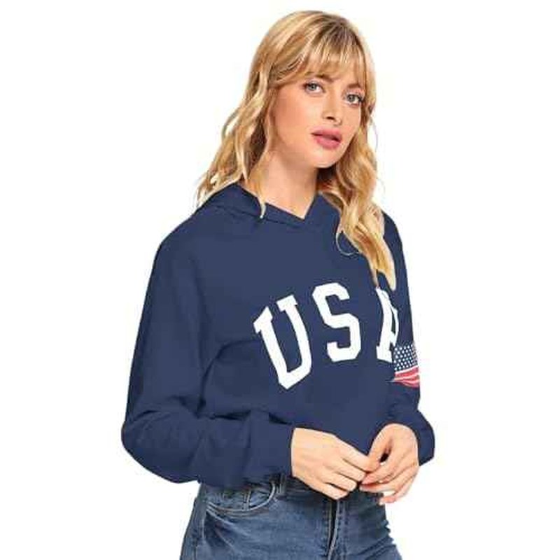 SweatyRocks Women's American Flag Long Sleeve Hoodies Letter Graphic Crop Top Hooded Sweatshirts