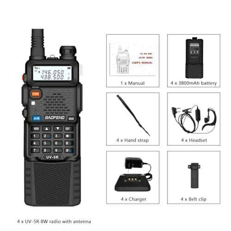 Baofeng UV-5R Dual Band Two Way Radio Handheld Ham Radio Long Range Walkie Talkies Pack of 4 for Hiking Camping Skiing Trip (Black) with 8W 3800mAh Battery
