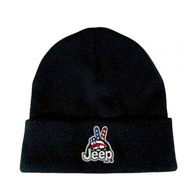 Jeep Wave USA Logo Patch Knit Hat Flip Knit Beanie (Black)