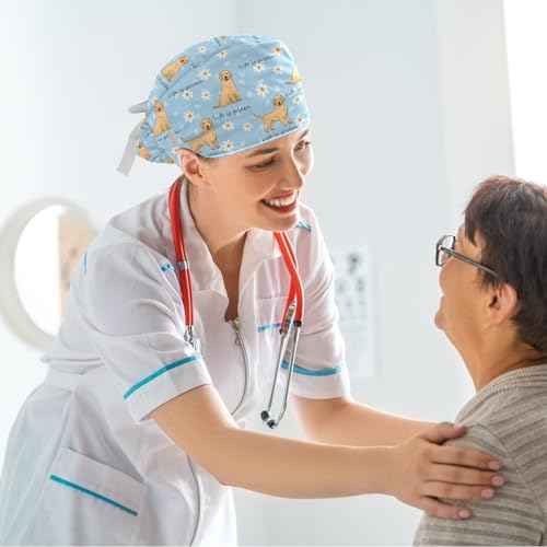 Scrub Caps Women, Surgical Caps with Buttons, Ponytail Nurse Hat, Bouffant Scrub Hats with Hair Scrunchy Adjustable, Dogs Golden Retriever Cartoon Animal Cute Summer Daisy Flower Blue