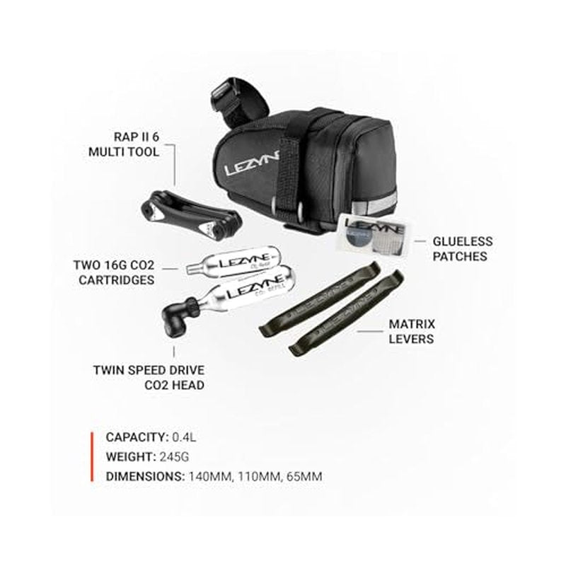 LEZYNE M-Caddy Bike Repair Kits with Medium Wedge-Shaped Saddle Bag for Long-Distance Riding | Choose Sport Kit or C02 Kit