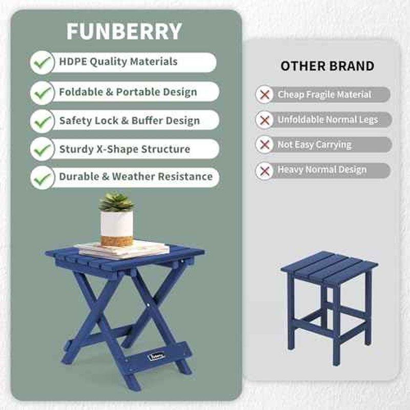 FUNBERRY Outdoor Folding Adirondack Side Table, Portable No Assembly Patio End Table HDPE All Weather