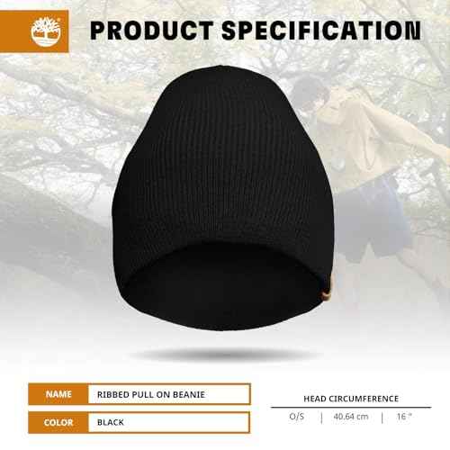 Timberland Men¡¯s Ribbed Pull-On No Cuff Beanie - Soft Rib Knit Winter Hat, Stretch Fit, Warm Classic Look, Suede Logo Clip