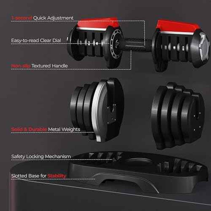 Yaheetech Adjustable Dumbbell Set 28/40/52.5/90LBS Adjustable Dumbbells Fast Adjust Dumbbell Weight Set with Anti-Slip Handle and Tray for Men/Women Home Gym Strength Training Equipment Single/Pair