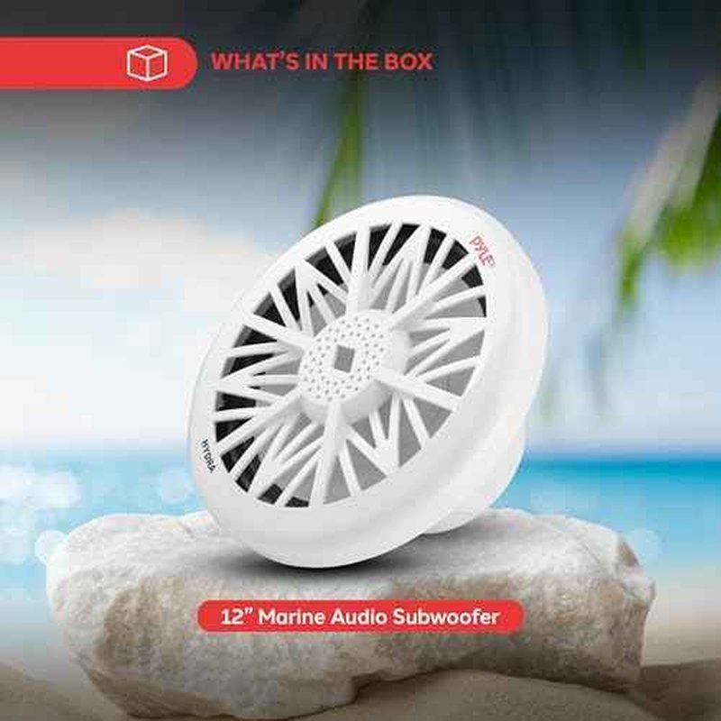 Pyle Single Outdoor Marine Audio Subwoofer - 600 Watt 12 Inch White Waterproof Bass Loud Speaker For Marine Stereo Sound System, Under Helm or Box Case Mount in Small Boat, Marine Vehicle PLMRW12