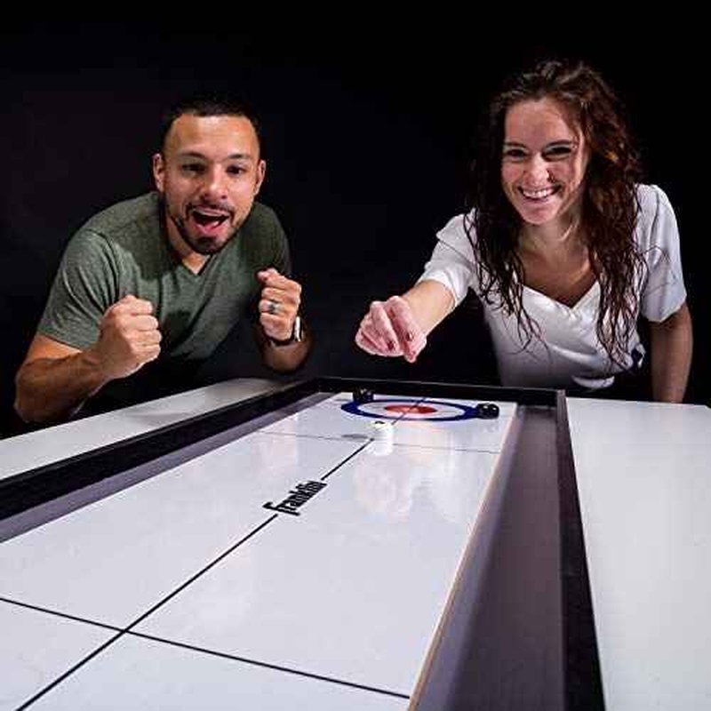 Franklin Sports 2-in-1 Shuffleboard Table and Curling Set - Portable Tabletop Set Includes 8 Rolling Mini Pucks - 45"