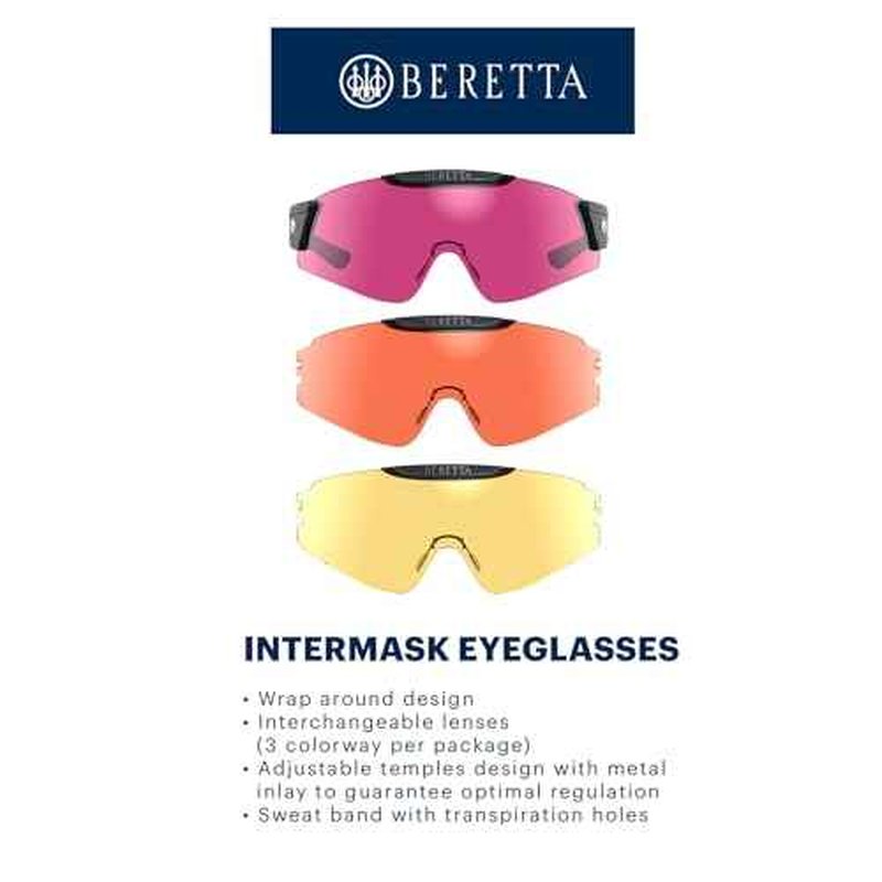 Beretta Intermask Wraparound Design Adjustable Protective Shooting Eyeglasses with Interchangeable Lenses (3 Colors per Pack)