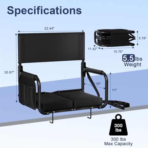Feelnais Black Stadium Bleacher Seat with Back Support, Foldable & Portable