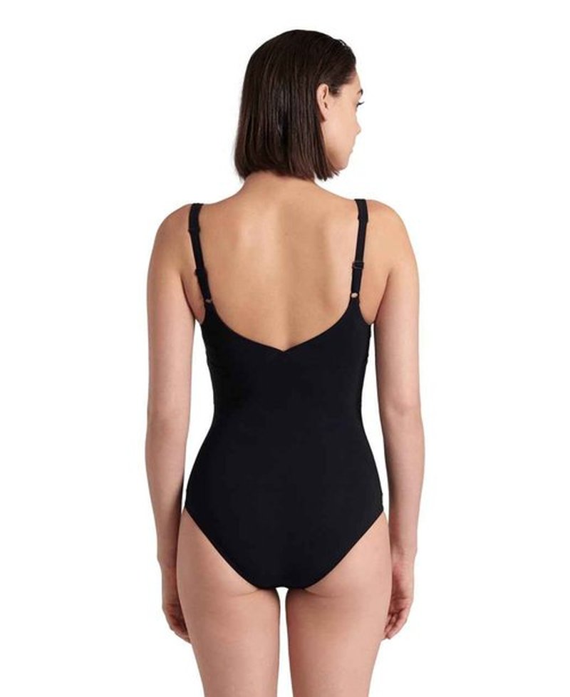 ARENA Women’s Jewel Shapewear One Piece Swimsuit Wing Back B Cup Built in Bra Ladies Bathing Suit Shaping Tummy Control Swimwear, Black/White, Size 46