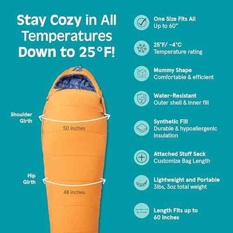 Retrospec Dream 25 Kids Sleeping Bag for Camping - Mummy Style, Water-Resistant, Lightweight 3lbs 3oz, Adjustable Length, Draft Collar, 25¡ÆF Rating