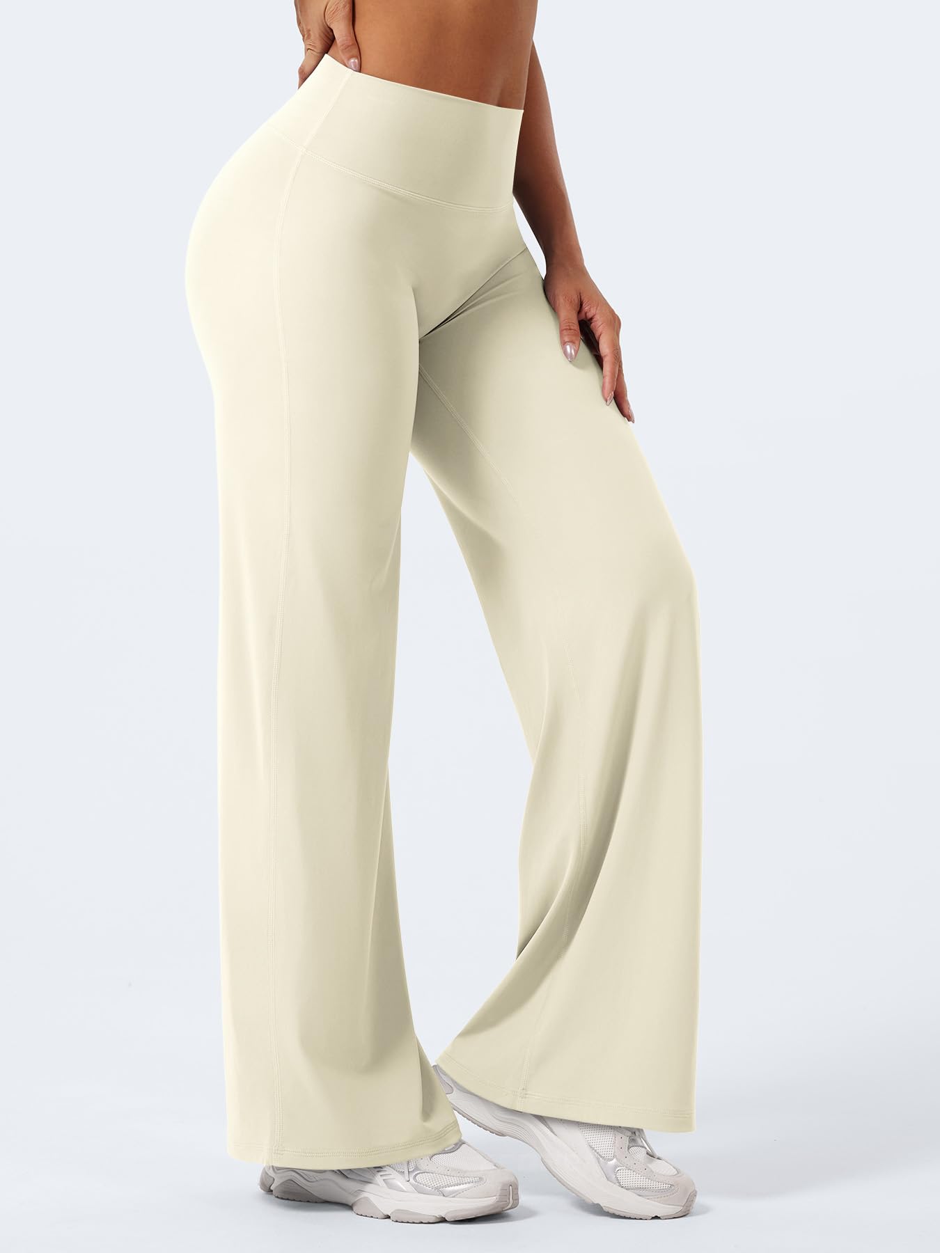 YEOREO Workout Straight Leggings 31.5" Thin Fleece Pants Apricot White S
