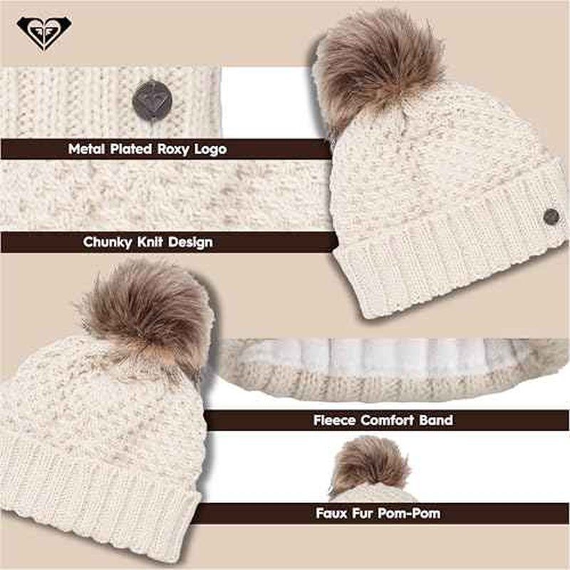 Roxy Women's Blizzard Beanie - Chunky Knit Winter Hat with Faux Fur Pom, Fleece-Lined