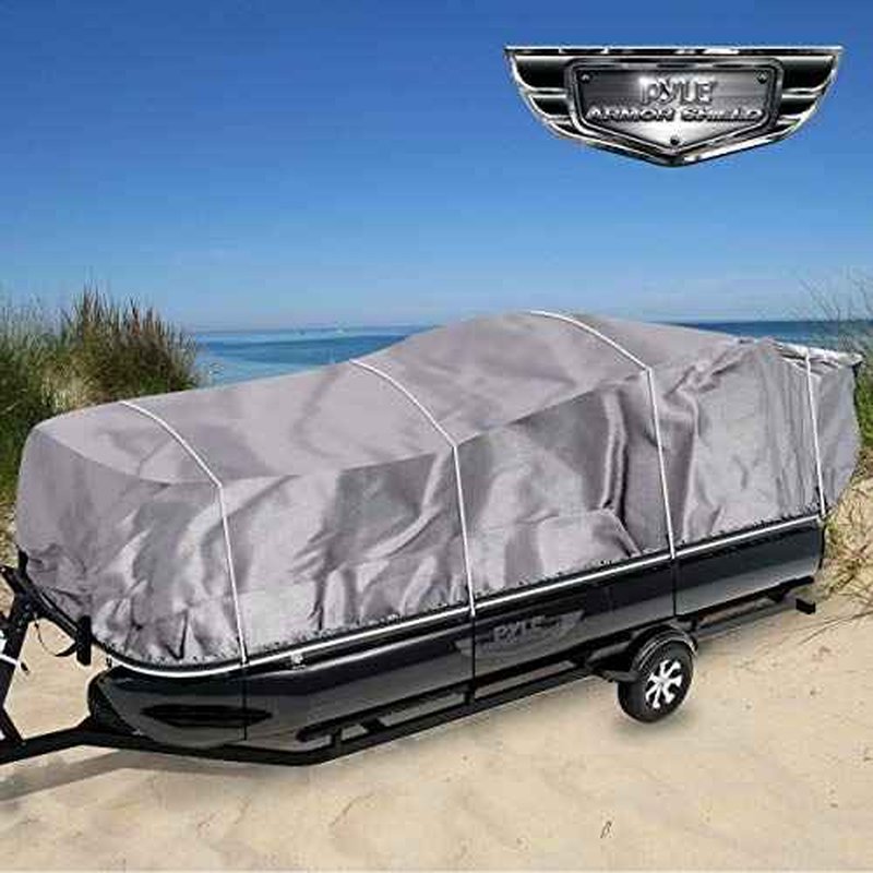 PYLE Boat Cover, Boat, Boat Covers, Heavy Duty Trailerable Waterproof Marine Grade Polyester, Fits Pontoon/Deck Boats 21-24 ft, Beam Width up to 94", Includes Storage Bag, Gray, 300D PU Coated