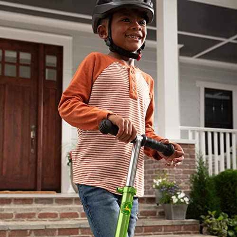 TOMY John Deere Kids Kick Scooter - Aluminum Girls and Boys Scooter -Includes Light Up Wheels and Adjustable Height for Growing Kids - for Ages 5 Years and Up