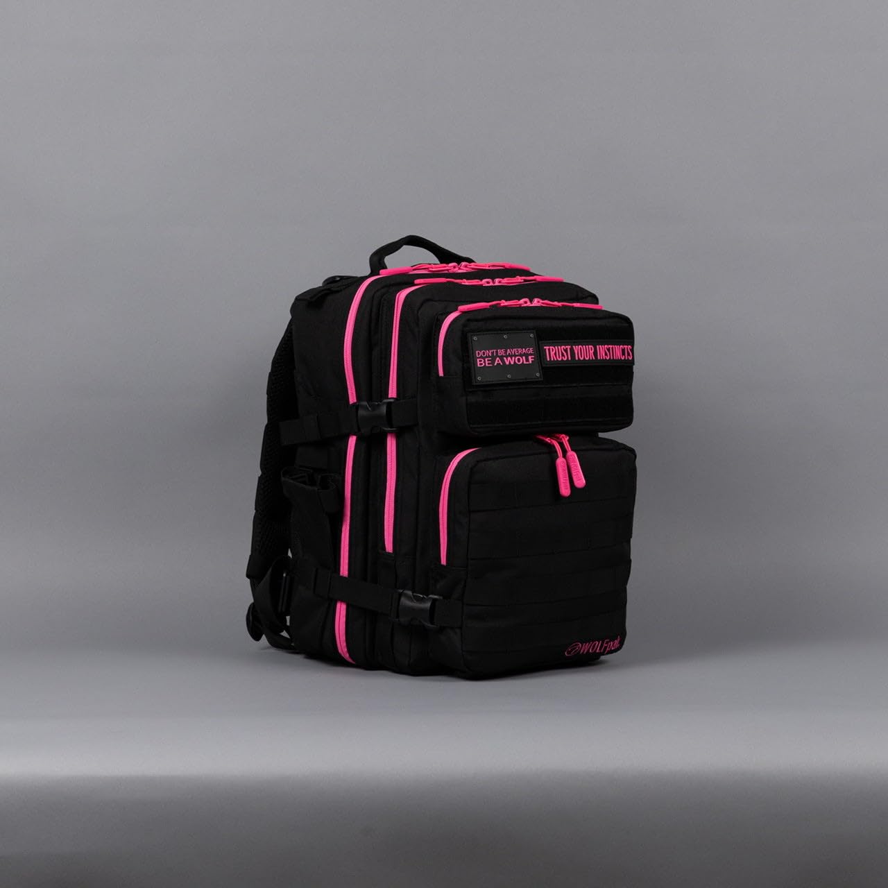 WOLFpak 25L Athletic Gym Backpack (Black Neon Pink) Durable 1000D Waterproof Oxford Material with MOLLE Webbing, Laptop Pocket & Dual Cup Holders