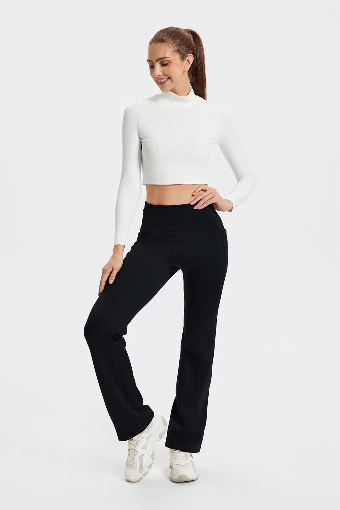 Yogipace Petite Women's CozyWarmth High Rise Thick Fleece Lined Straight Leg Thermal Sweatpants with Side Pockets,27",Black,Size M