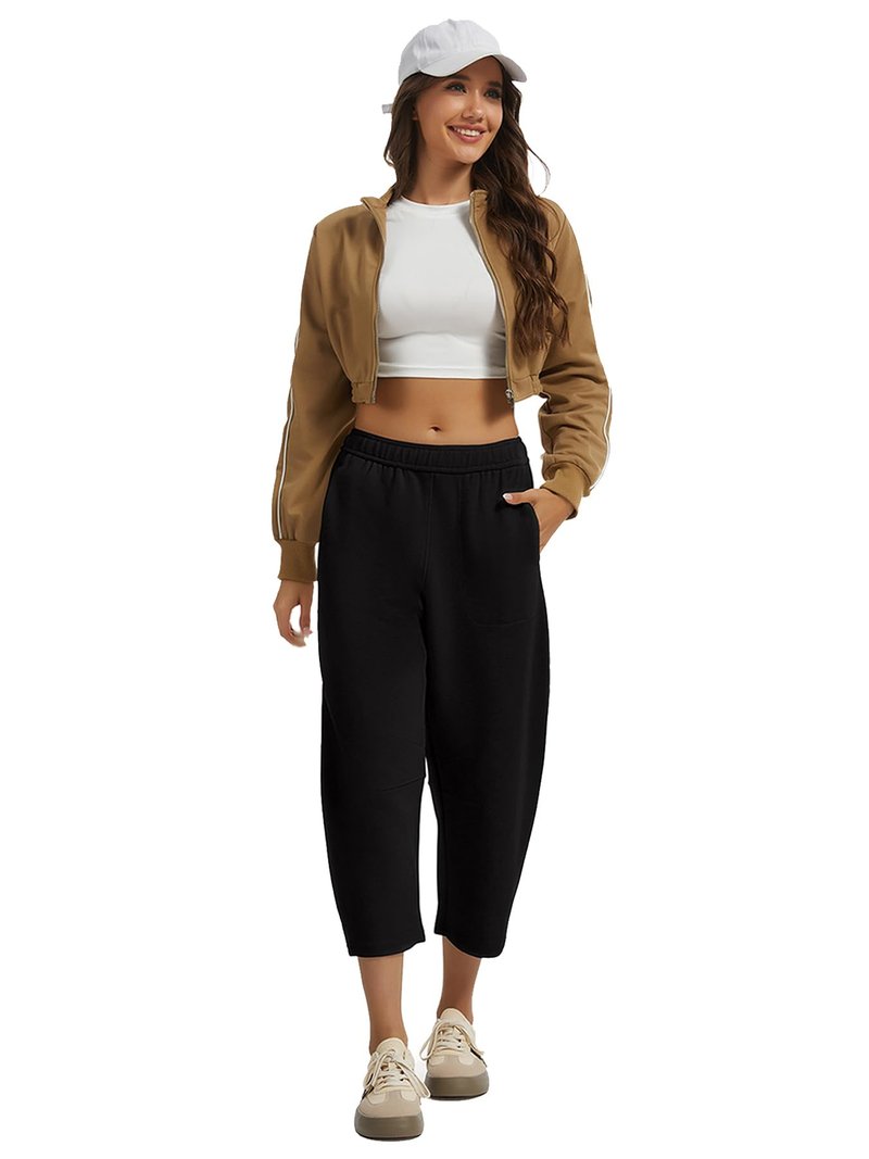 Leovqn Women's Barrel Cropped Sweatpants Drawstring Elastic Waisted Wide Leg Pants Casual Soft Baggy Capri Sweat Pants
