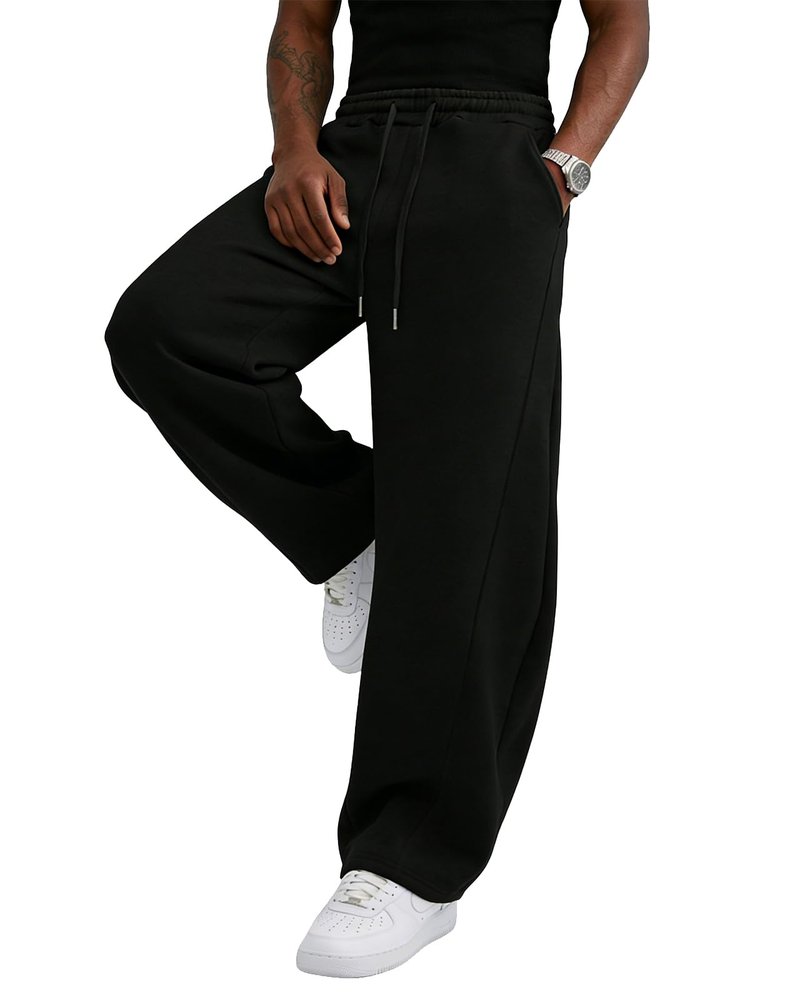 Wangdo Men's Baggy Sweatpants Wide Leg Lounge Cotton Jogging Pants Casual Elastic Waist Joggers with Pockets Black