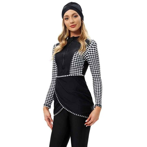 Womens Muslim Islamic Long Sleeves Burkini Swimsuits Swimwear Modest Hijab Burkini Top+Pants Rashguard Swimming Costume Bathing Suit Sport Beachwear Surfing Outfit for Girls Black+White Plaid 2XL