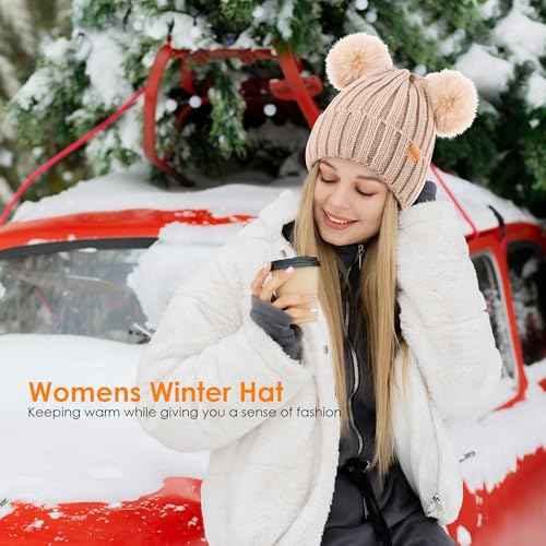Women's Winter Warm Knit Beanie with Faux Fur Pom Skull Cap Cozy Fleece Lined Hat for Women