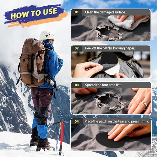 Down Jacket Repair Patch Kit, Outdoor Gear Tenacious Repair Tape, Self Adhesive Fabric Patches for Clothes, Waterproof Ripstop Nylon Fabric Patch for Puffer Jacket, Coat, Tent (18 Pcs, Black)