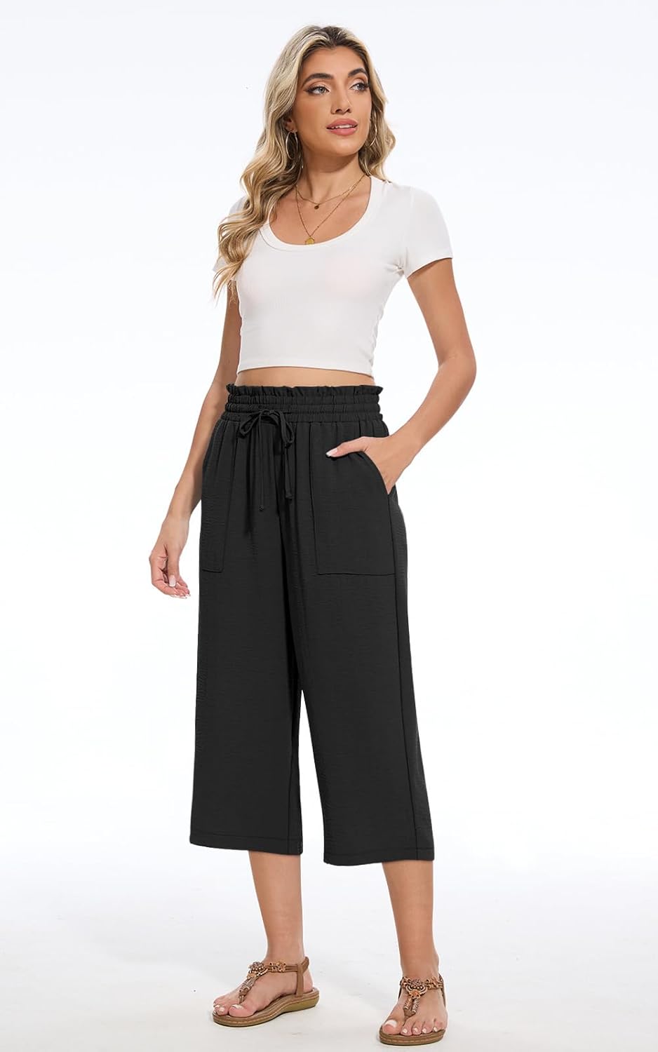 Women's High-Waisted Wide Leg Capri Pants - Casual Drawstring Trousers with Pockets | Summer Style