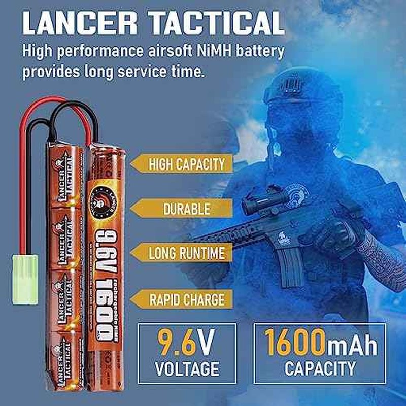 Lancer Tactical 9.6v Battery Pack with Smart Charger, 2 Pack 9.6V NiMH 1600mAh Butterfly Battery w/Nimh Smart Charger