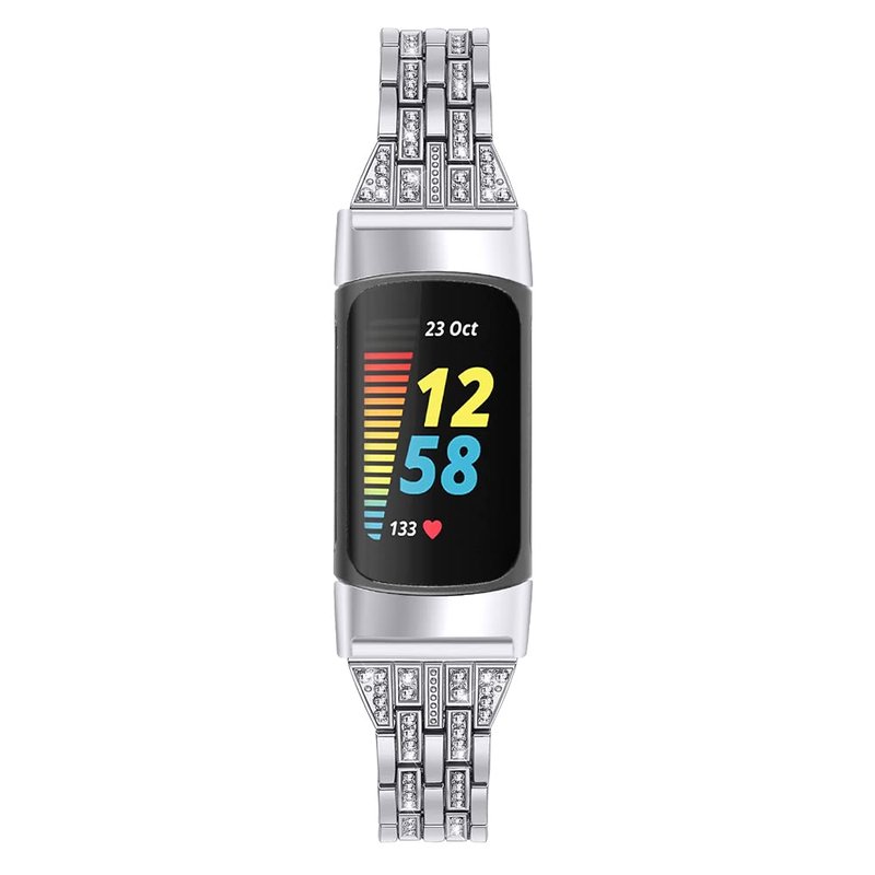 Chic Cute Bling Bands Compatible with Fitbit Charge 6/Charge 5 Fitness & Health Tracker,Rhinestone Dressy Bracelet Stainless Steel Metal Replacement Strap Wristbands Jewelry Strap Women(Silver)