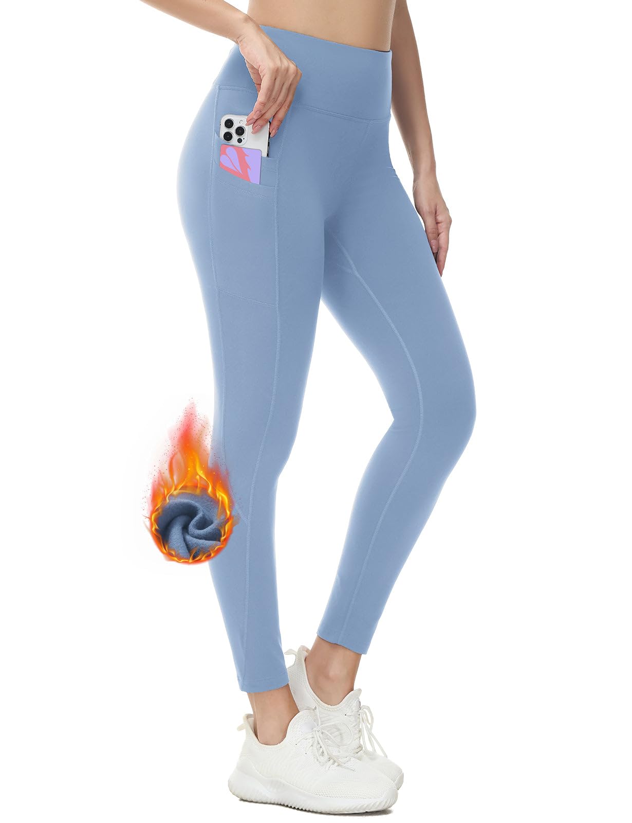 baleaf Fleece Lined Leggings Women Water Resistant 25" Petite Winter Warm Legging Thermal Running Tights Yoga Hiking Pants Light Blue 2XL