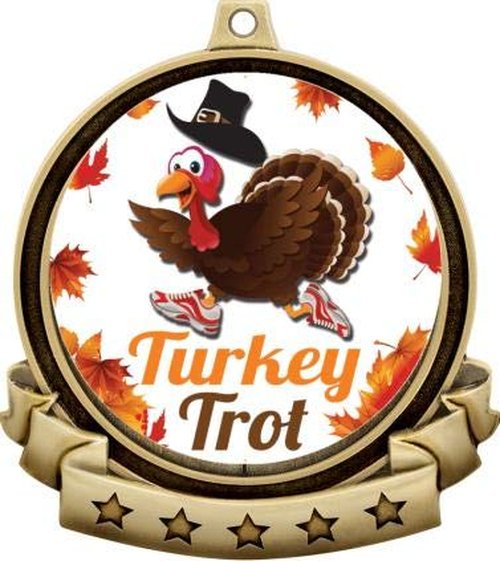 Turkey Trot Medals - 2.5" Gold Turkey Trot Medal Award Includes Red White and Blue Neck Ribbon, Great Thanksgiving Awards 5 Pack Prime
