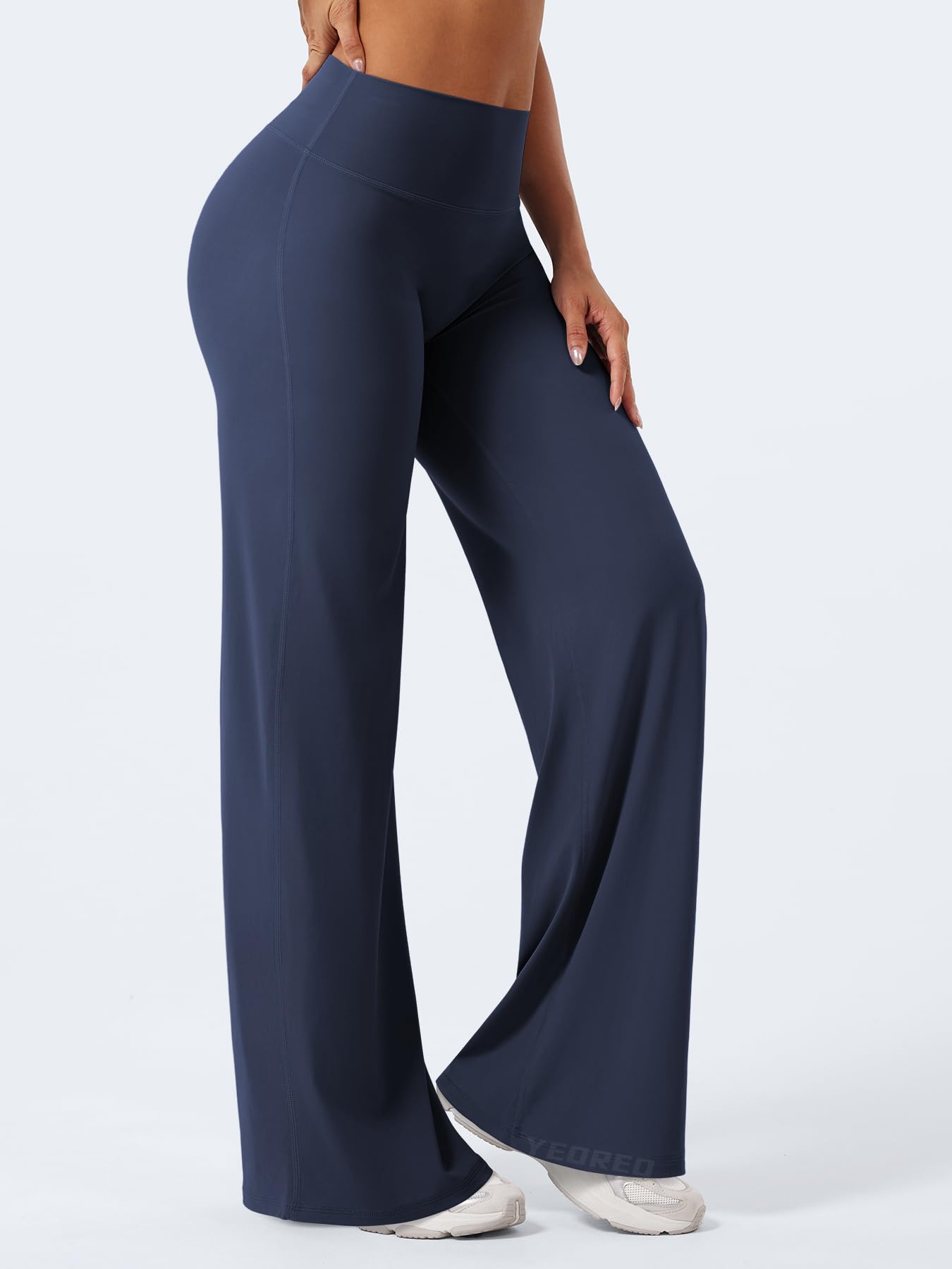 YEOREO Workout Leggings Womens No Front Seam Straight Leggings 33" High Waist Buttery Eddiy Gym Yoga Pants Navy Blue L