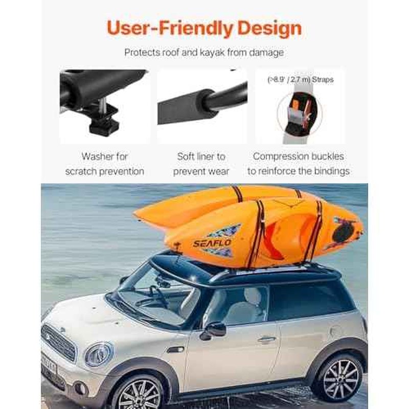 VEVOR Kayak Roof Rack 1 Pair J-Bar, Folding Soft Roof Rack with 4 Pcs Tie Down Straps, Top Mount Tie Down, Carrier for Kayak Surf Board Canoe SUP Ski Board, Mount on Car SUV Truck 2 Kayaks Crossbar