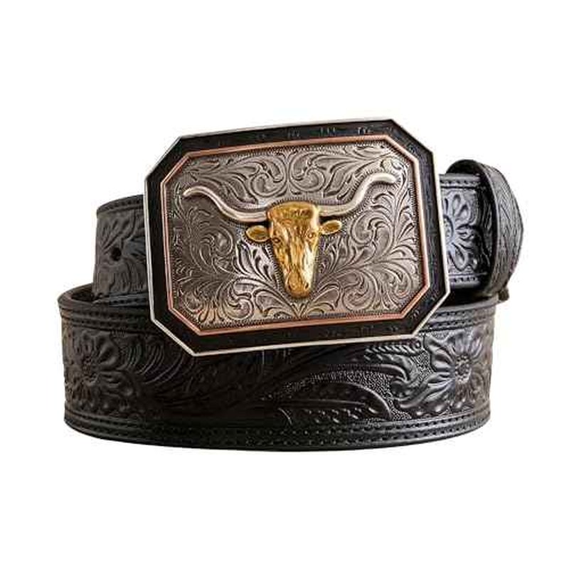 ARIAT Men's Floral Embossed Leather Belt with Longhorn Buckle